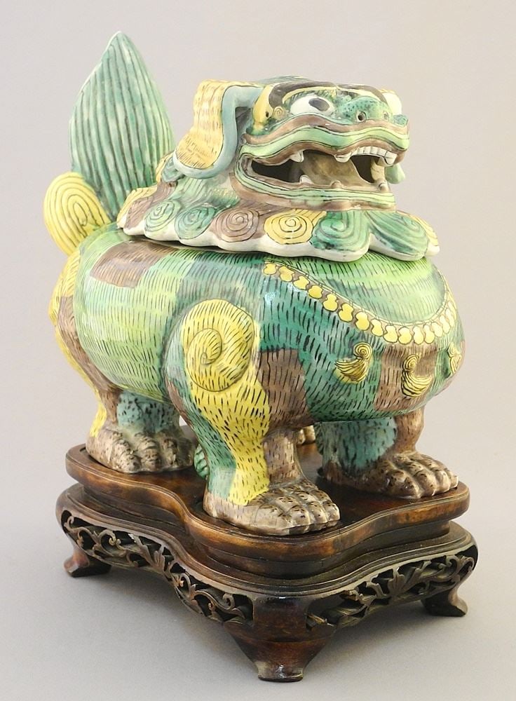 Chinese Sancai Porcelain Buddhist Lion Dog, 7" x 8 1/2" x 5 1/2" with Wooden Stand, 2 1/4"h. (1 of 9)
