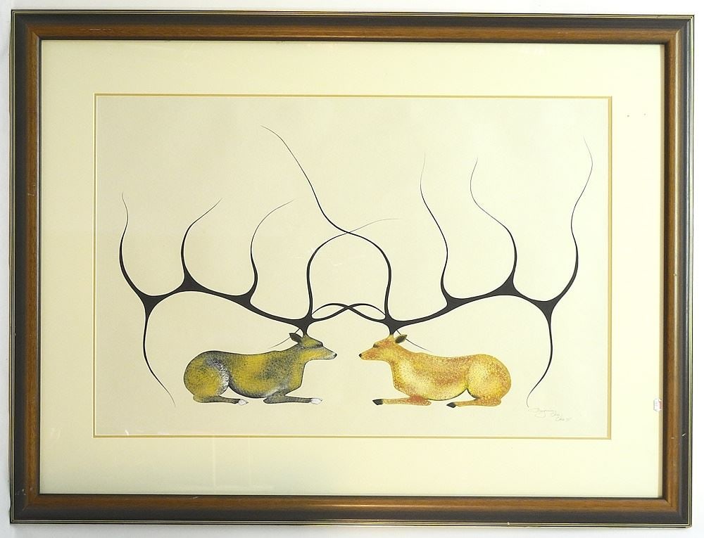 Oil on Canvas signed Benjamin Chee Chee '75, 23 1/4" x 35", "Two Caribou". (1 of 6)