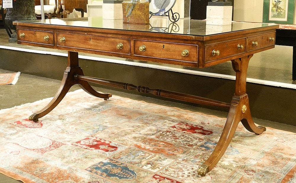 19th C. Partner's Desk with Leather Inset Top, 2'6" x 3'4 1/2" x 4'11".: 19th C. Partner's Desk with Leather Inset Top, 2'6" x 3'4 1/2" x 4'11".