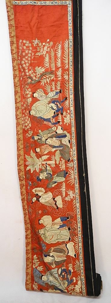 Qing Couched Gold Thread & Silk Embroidery Banner, 14'4" x 1'5".: Qing Couched Gold Thread & Silk Embroidery Banner, 14'4" x 1'5".
