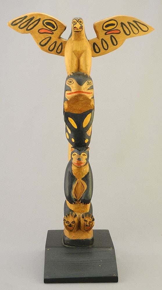Coast Salish Model Pole Signed Simon Charlie 4/1982, 16 1/8"h.,"Eagle/ Whale/Bear". (1 of 9)