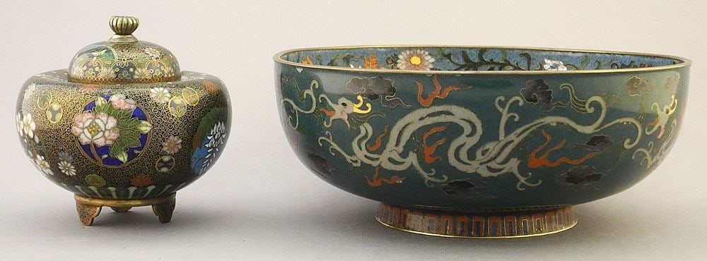 Japanese Cloisonne Bowl & Covered Bowl, 7 1/8" & 3 5/8" Diameter (both bumped). (1 of 10)