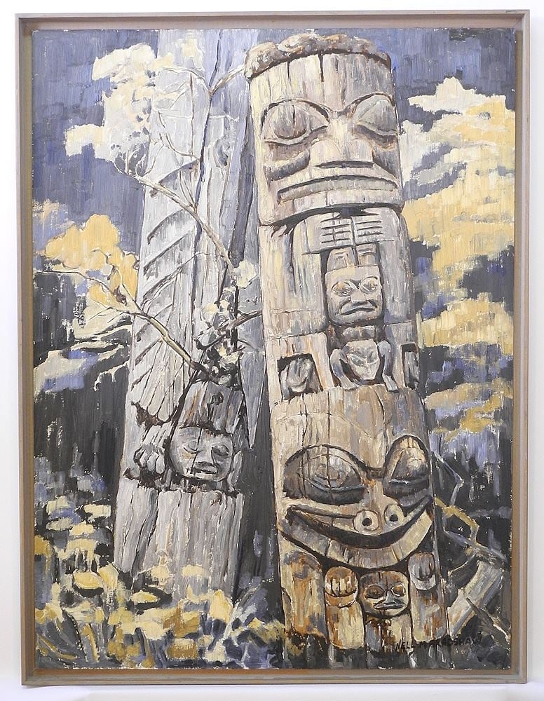 Oil on Board signed Nell Bradshaw, 24" x 32", "Old Haida Poles".: Oil on Board signed Nell Bradshaw, 24" x 32", "Old Haida Poles".