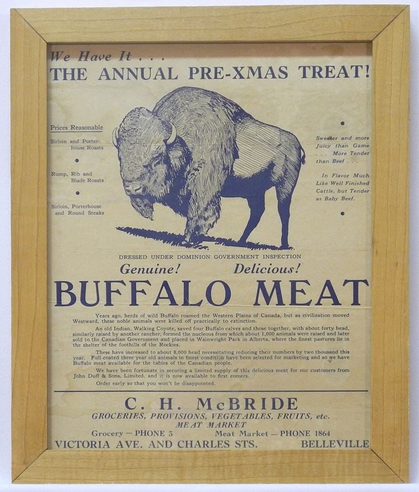 Vintage Advert "Genuine! Delicious! Buffalo Meat", 10 1/4" x 8 1/8".: Vintage Advert "Genuine! Delicious! Buffalo Meat", 10 1/4" x 8 1/8".