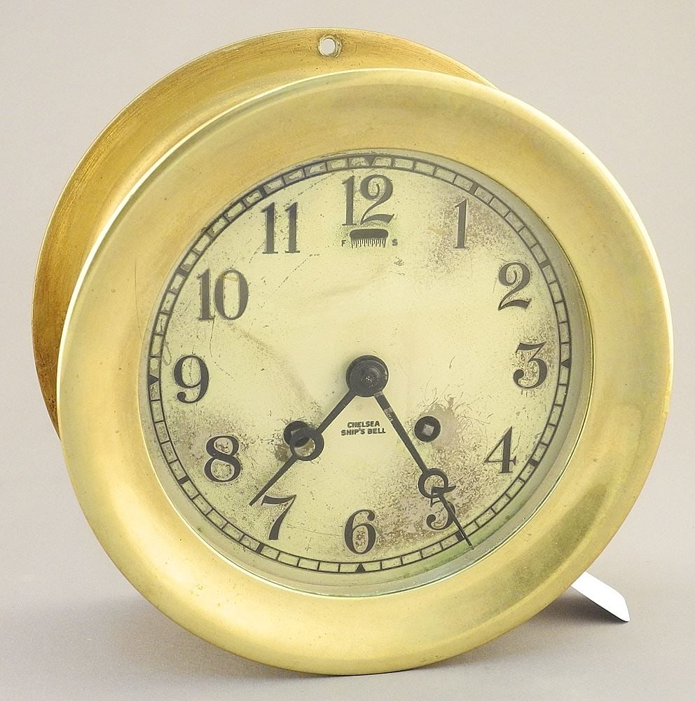 "Chelsea Ships Bell" Brass Nautical Clock, Serial: 569397/57699, with Key (as found). (1 of 3)
