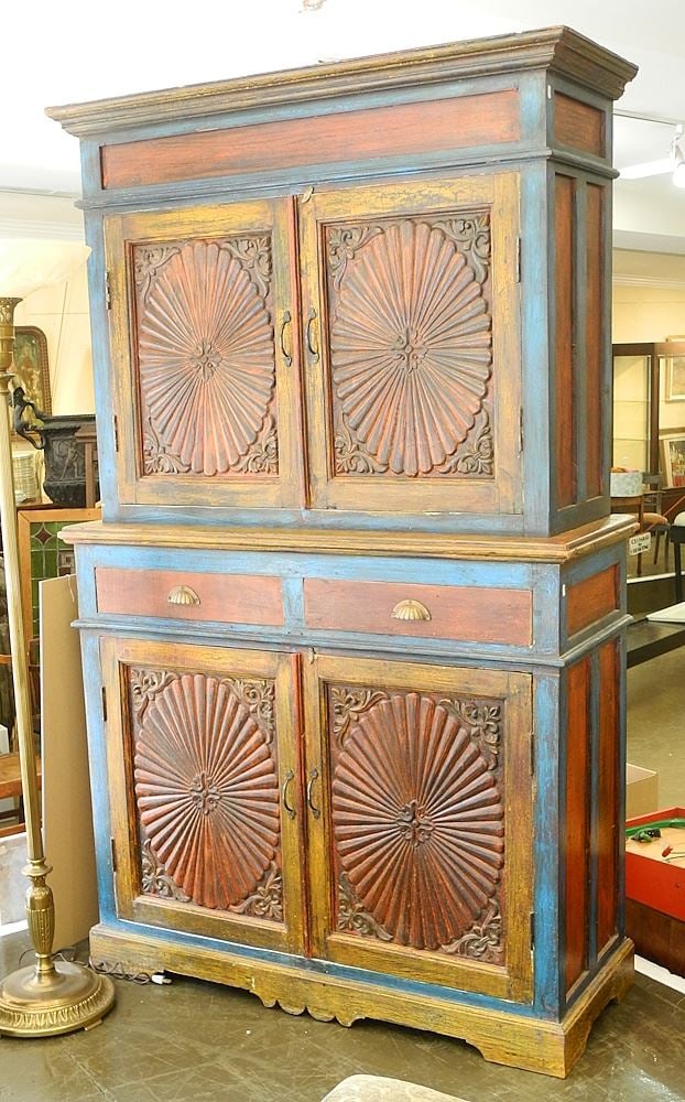 Rustic Polychrome Wood Cabinet on Cabinet.: Rustic Polychrome Wood Cabinet on Cabinet.