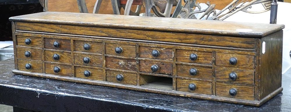 19th C. Oak Jewelers Bench with Approximately 20 Drawers & 40 Tubes, 24" x 5 1/2" x 5 1/4". (1 of 1)