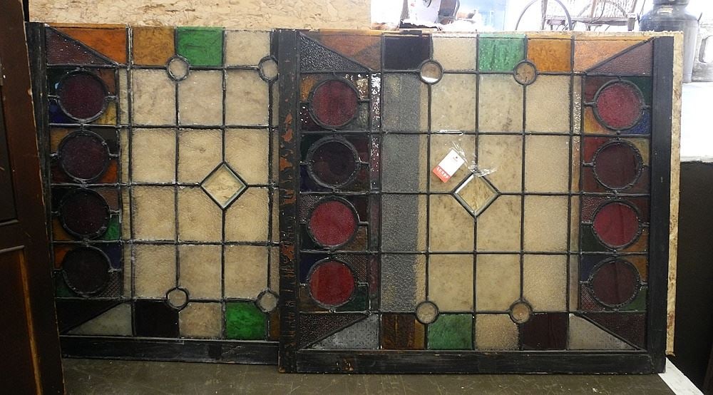 Pair of Leaded Glass Panels, 30 1/4" x 34 3/4" (condition noted, as found".: Pair of Leaded Glass Panels, 30 1/4" x 34 3/4" (condition noted, as found".