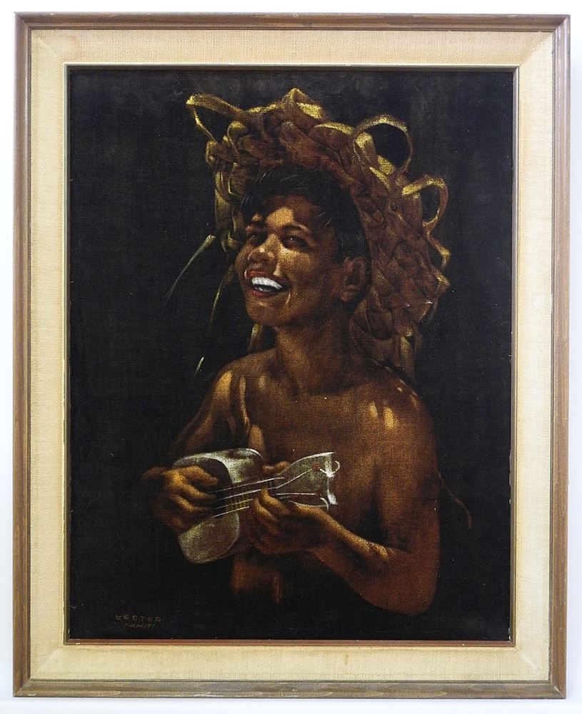 Mixed Media on Velvet After Leeteg Tahiti, 17 1/2" x 13 1/2", "Beach Boy" Serial 10026. (1 of 3)