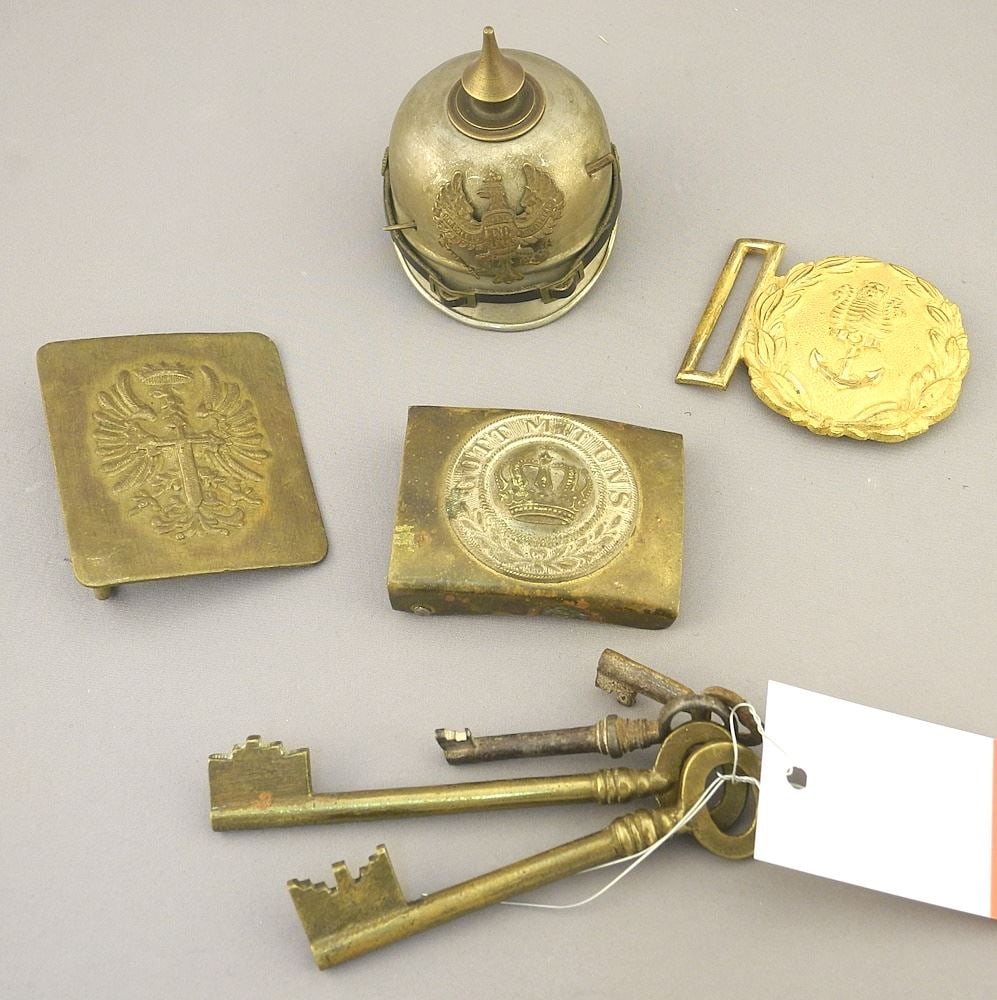 Antique Picklehaub Inkwell with 3 German Belt Buckles & 4 Keys. (1 of 3)