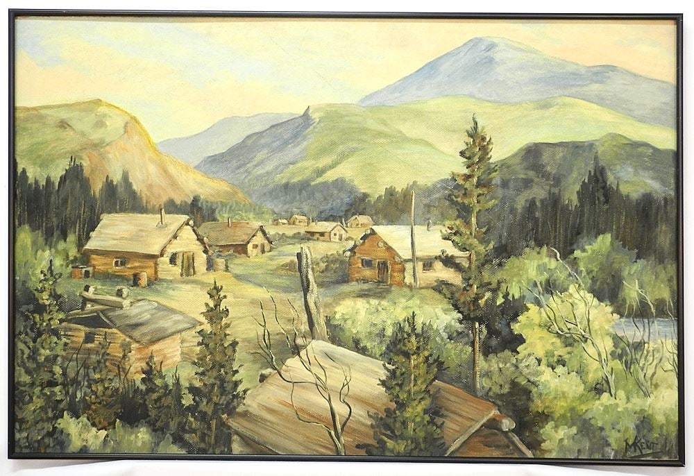 Oil on Board signed I. (Ivy) M. Kent, 24" x 36", "Winter Camp" (BC).: Oil on Board signed I. (Ivy) M. Kent, 24" x 36", "Winter Camp" (BC).