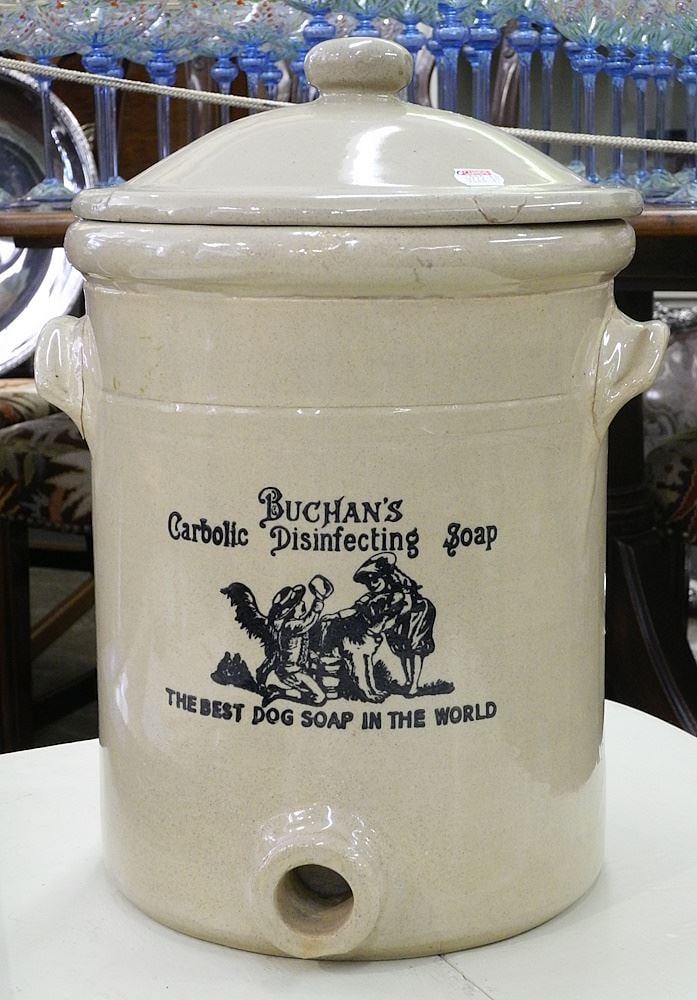 Reproduction "Buchans Carbolic Disinfecting Soap" Stoneware Crock, 14 1/2"h (cover restored).: Reproduction "Buchans Carbolic Disinfecting Soap" Stoneware Crock, 14 1/2"h (cover restored).