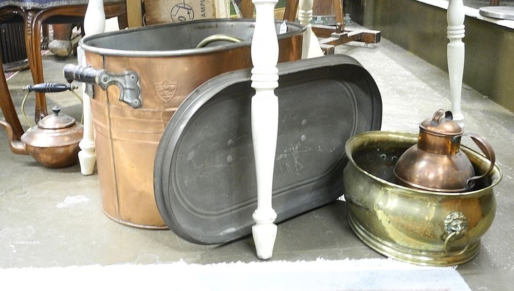 Collection of Copper & Brass Wares: Double Boiler / Planters / Watering Can etc. (1 of 2)