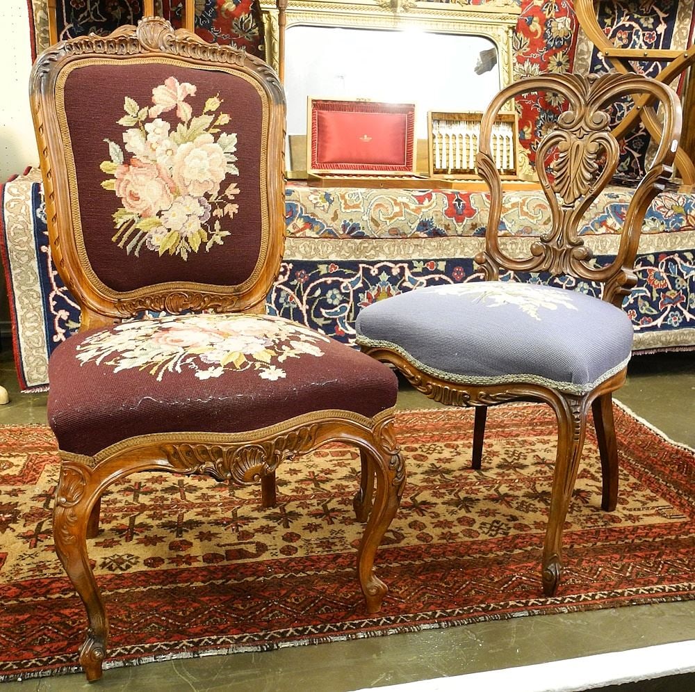 2 x 19th C. Carved Wood Side Chairs with Needlepoint Seats.: 2 x 19th C. Carved Wood Side Chairs with Needlepoint Seats.