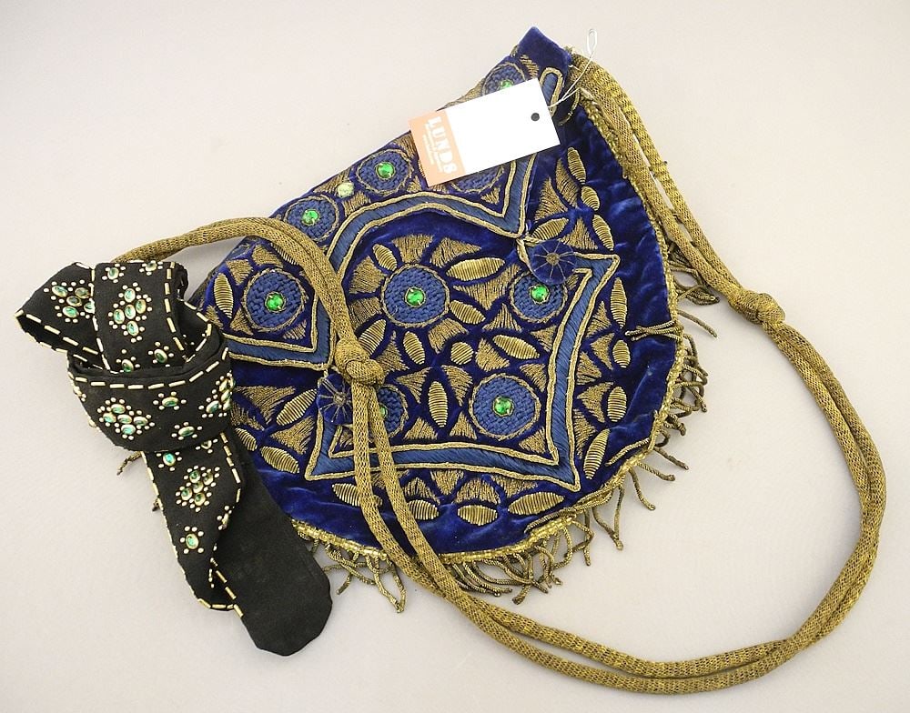 Handcrafted Blue Couched Gold Thread Embroidery Handbag & Paste Belt, 37"L.: Handcrafted Blue Couched Gold Thread Embroidery Handbag & Paste Belt, 37"L.