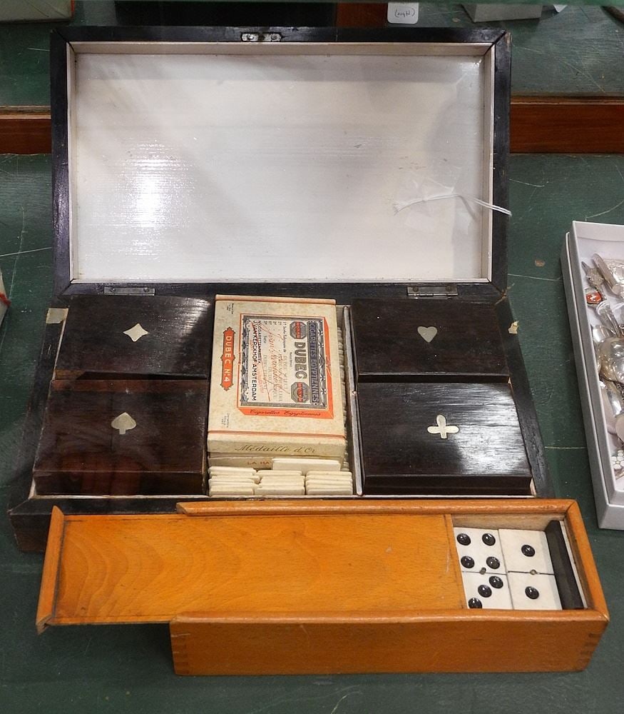 Dutch Rosewood Games Box with Collection of Bone Gaming Counters.: Dutch Rosewood Games Box with Collection of Bone Gaming Counters.