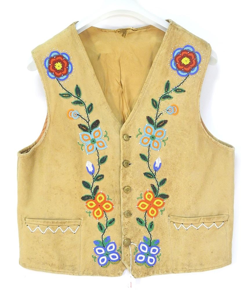 Alberta Metis Beaded Moosehide "Centennial" Vest with RCAF Buttons, 24 1/2"h. (1 of 2)