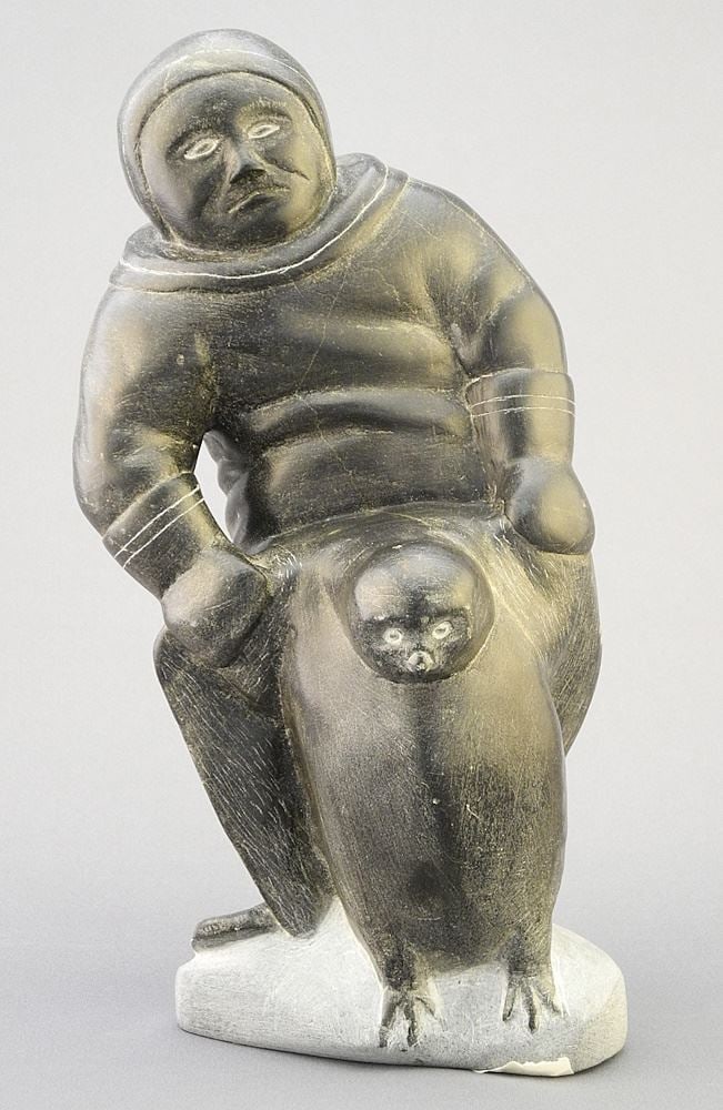 Unsigned Inuit Stone Carving, 10 1/2 "h, "Man & Owl". (1 of 3)