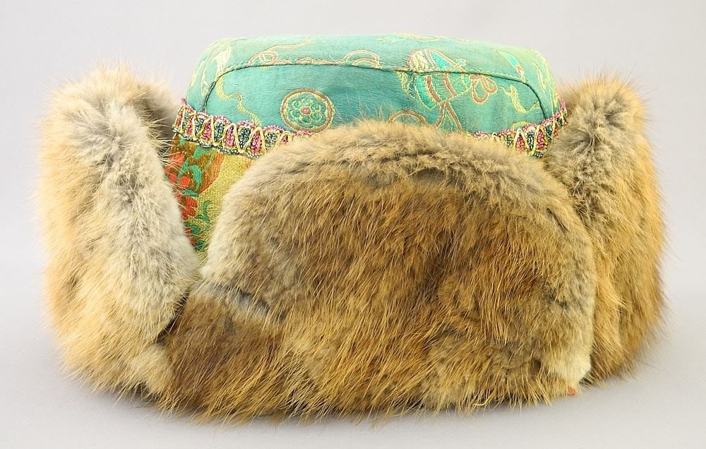 Mongolian Fur Trimmed Hat, 5 1/2" x 11" x 6 3/4", NO EXPORT.: Mongolian Fur Trimmed Hat, 5 1/2" x 11" x 6 3/4", NO EXPORT.