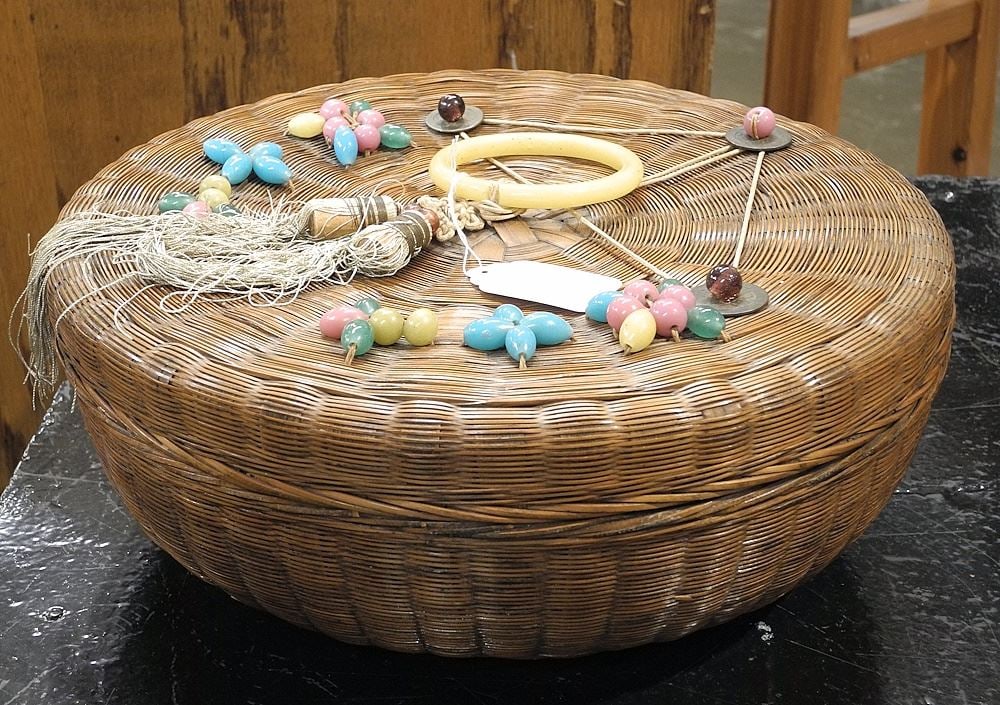 Old Chinese Wicker Sewing Basket with Glass Features, 12" Diameter. (1 of 1)