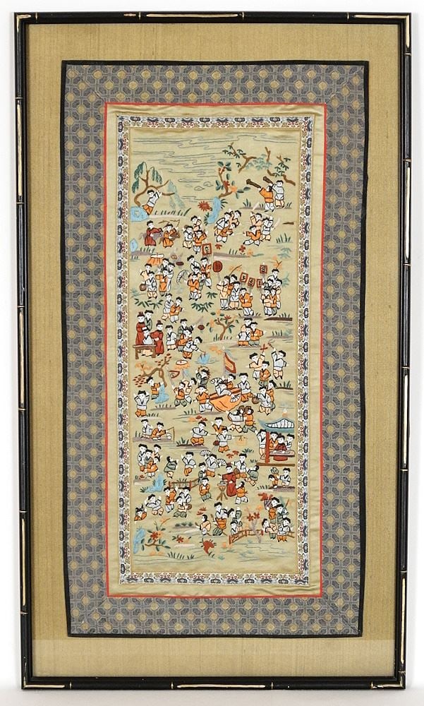 Chinese Silk "100 Boys" Embroidery, Framed, 25 1/2" x 13 1/2".: Chinese Silk "100 Boys" Embroidery, Framed, 25 1/2" x 13 1/2".