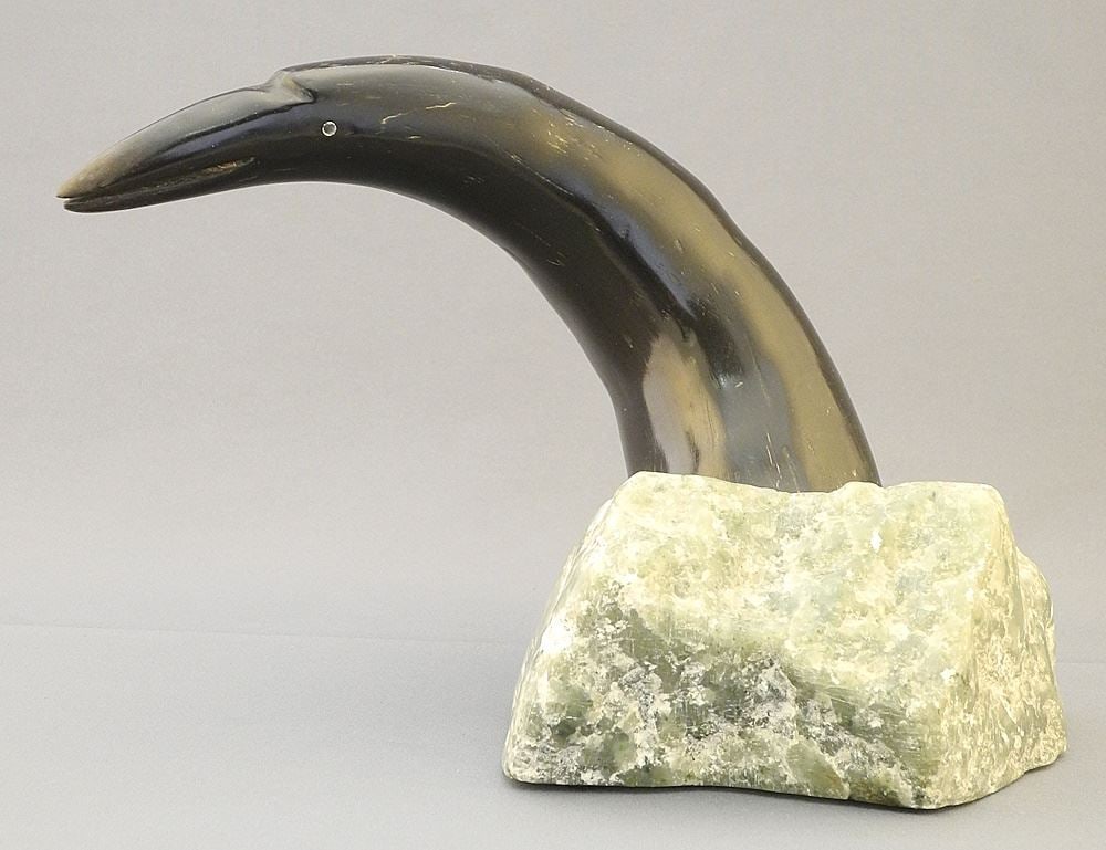 Stone & Antler Carving signed G (Gilbert) Daniels NWT, 6 1/8" x 10" x 5", "Raven".: Stone & Antler Carving signed G (Gilbert) Daniels NWT, 6 1/8" x 10" x 5", "Raven".