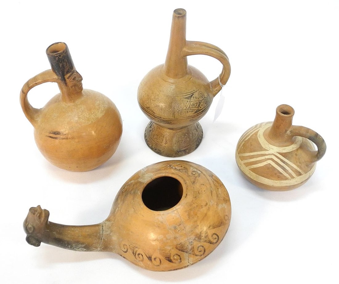 4 Pre-Columbian Peruvian Pottery Vessels, 3 1/4" - 9"h (as found). (1 of 3)