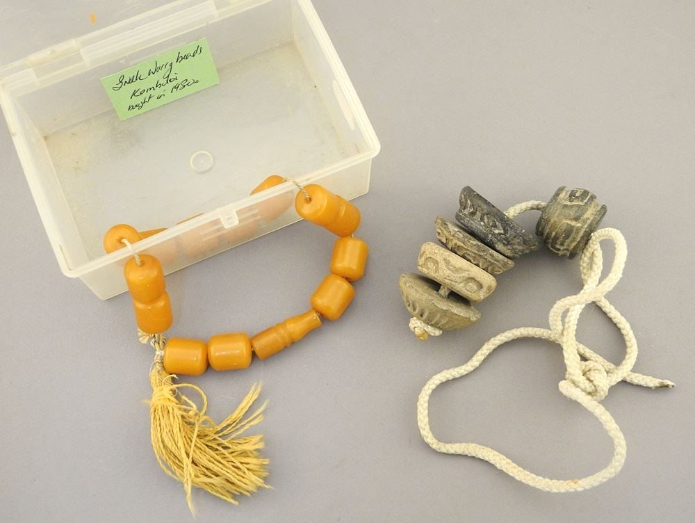 Strand of Greek Komboloi Beads & Pottery Beads, Acquired Athens 1920/30's, 10"L.: Strand of Greek Komboloi Beads & Pottery Beads, Acquired Athens 1920/30's, 10"L.