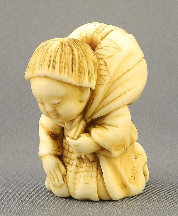 Japanese 'Boy with Bundle" Netsuke, 1 1/2", NO EXPORT. (1 of 4)