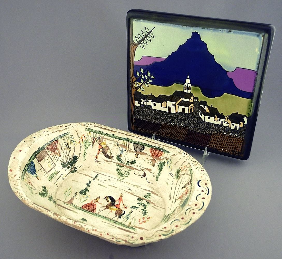 Mexican Folk Art Oval Wood Bowl (11 3/4"w) & Ecuadorian Tile by E. Vega, 8 3/4.: Mexican Folk Art Oval Wood Bowl (11 3/4"w) & Ecuadorian Tile by E. Vega, 8 3/4.