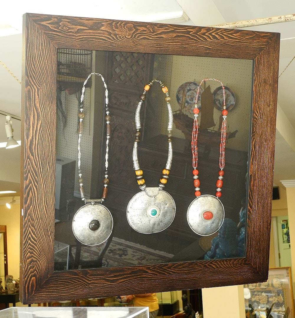 3 Mongolian Necklaces (Approx.21"h), Framed 35 1/4" x 35 1/4" x 2". (1 of 1)