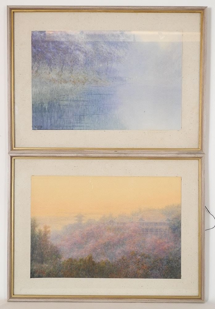 Pair of Japanese Watercolour signed Y (Yuhan) Ito, 12 1/2" x 19", "Temple & River Impression (1 of 7)