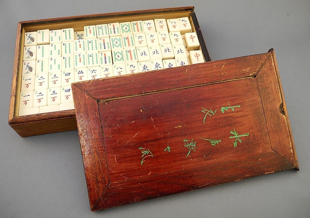 Old Mah Jong Set with Bone Tiles (smaller format), 10 1/2"L.: Old Mah Jong Set with Bone Tiles (smaller format), 10 1/2"L.