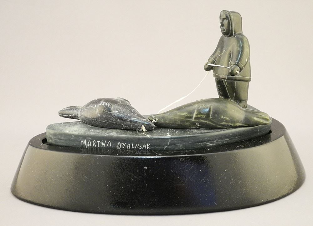 Copper Mine Stone Carving signed Martha Ayaligak, 6 5/8"L, "Seal Hunter" (toe chipped). (1 of 3)