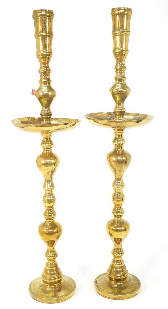 Pair of Thai Brass Candlesticks, 38 3/8"h.: Pair of Thai Brass Candlesticks, 38 3/8"h.