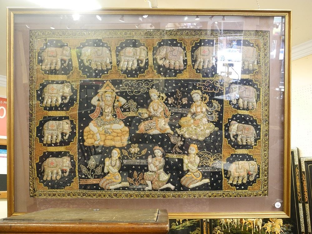 Old Thai Kalaga Elephants Framed Panel, 32" x 46". (1 of 2)