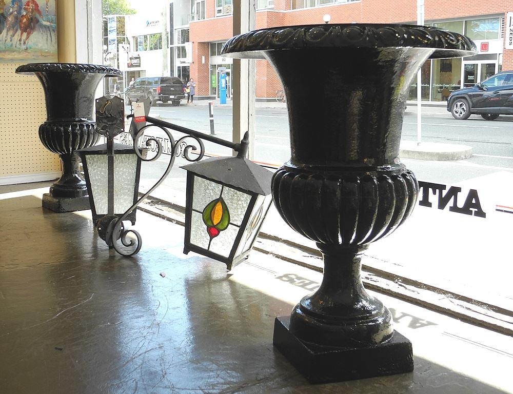 Pair of Cast Iron Garden Urns, 29 1/2"h.: Pair of Cast Iron Garden Urns, 29 1/2"h.