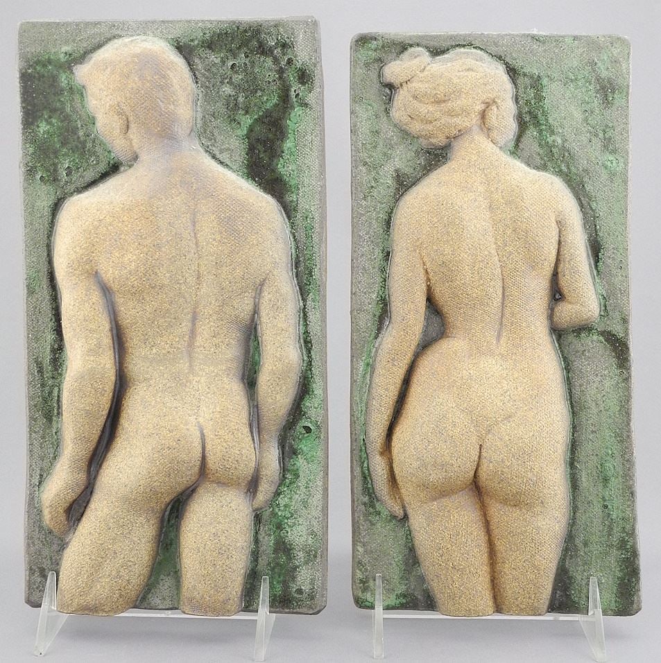Pair of Vallance Stoneware Figural Plaques, 10" x 5".: Pair of Vallance Stoneware Figural Plaques, 10" x 5".