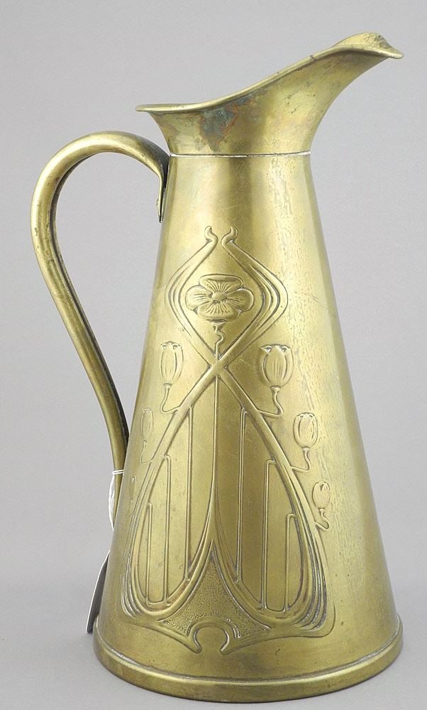 John Sankey & Sons Art Nouveau Brass Pitcher, 11 1/2"h. (1 of 3)