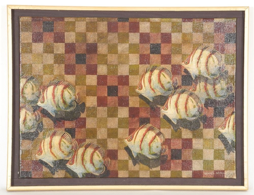 Acrylic on Canvas signed Brian D. Seymour'92, 12" x 16", "Tropical Fish & Tiles".: Acrylic on Canvas signed Brian D. Seymour'92, 12" x 16", "Tropical Fish & Tiles".