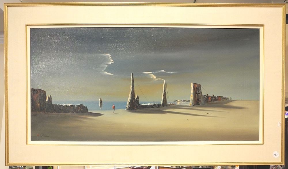 Oil on Canvas signed J. (John) Stancin, 20 1/2" x 40", "Surrealist Harbour Scene". (1 of 4)