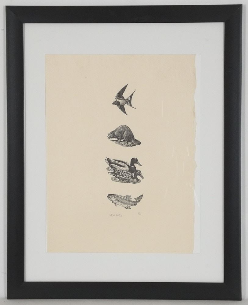 Wood Engraving signed W. (Wesley) W. Bates, 13 1/2" x 10 1/2", "Animal Studies". (1 of 4)