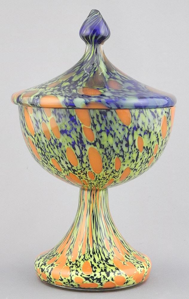 Czech Art Glass Covered Pedestal Dish, 7 1/2" High. (1 of 4)