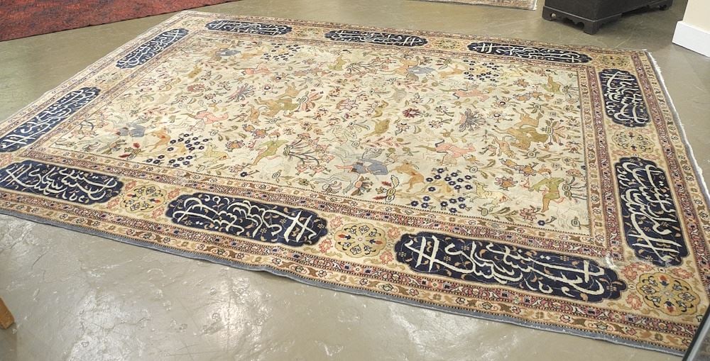 Persian Hunt Motif Carpet Approximately 11'7" x 8'2" (2 holes + wear noted). (1 of 7)