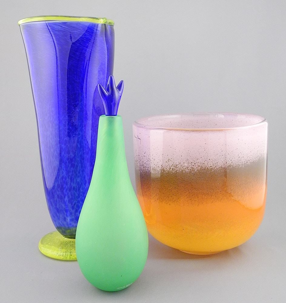 3 Glass Items: Henry Dear Belgium / Kosta Boda / Blue Pitcher, 7 3/8" - 13"h. (1 of 3)