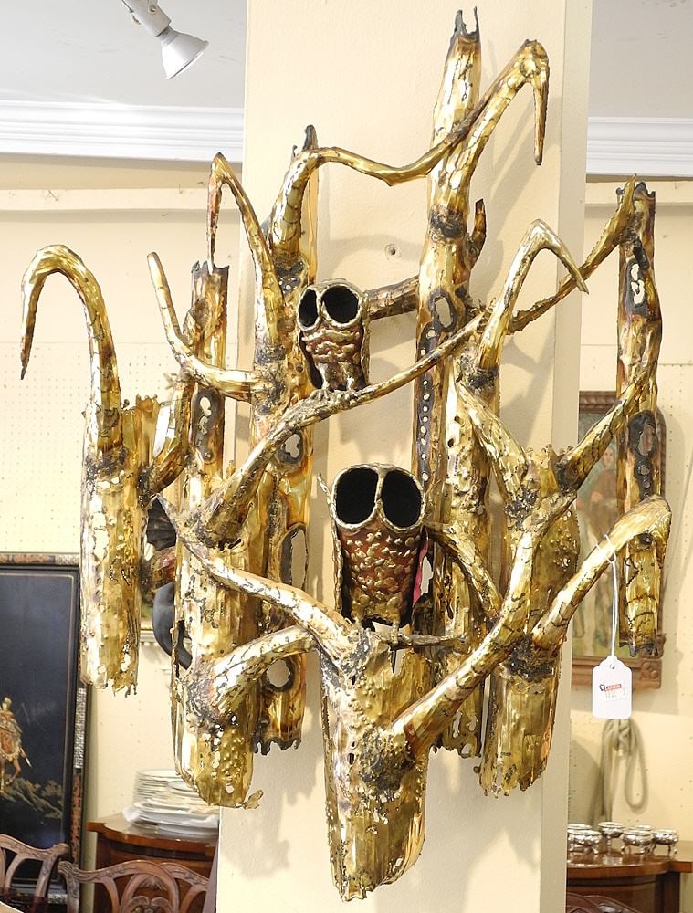 Vintage Brass Wall Sculpture signed Molendi, 26 1/2"h, "Owls". (1 of 2)