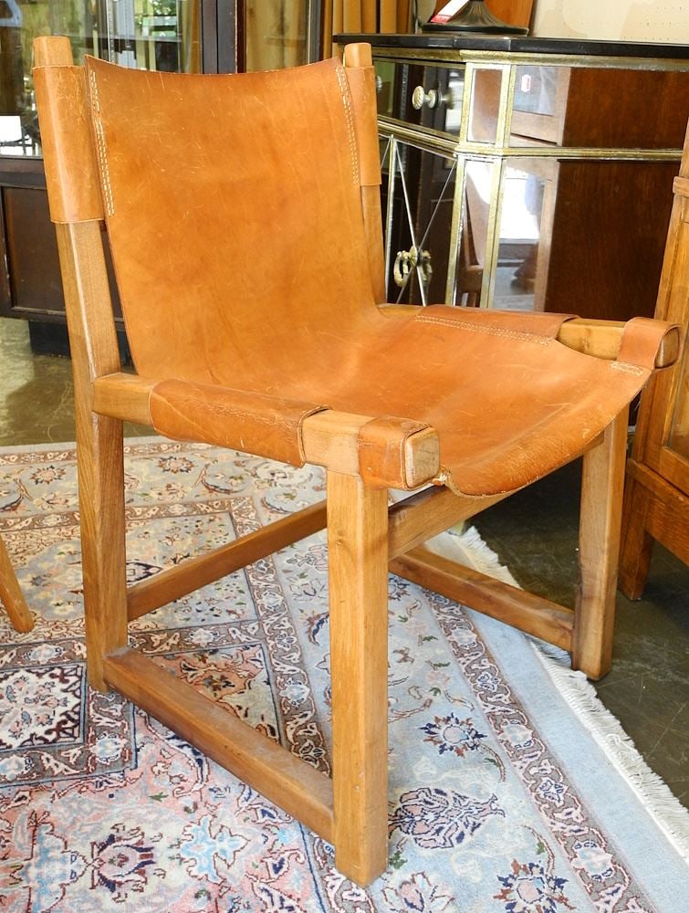 Paco Munoz "Riaza Chair, Cognac Leather & Walnut, 28 3/8"h.: Paco Munoz "Riaza Chair, Cognac Leather & Walnut, 28 3/8"h.