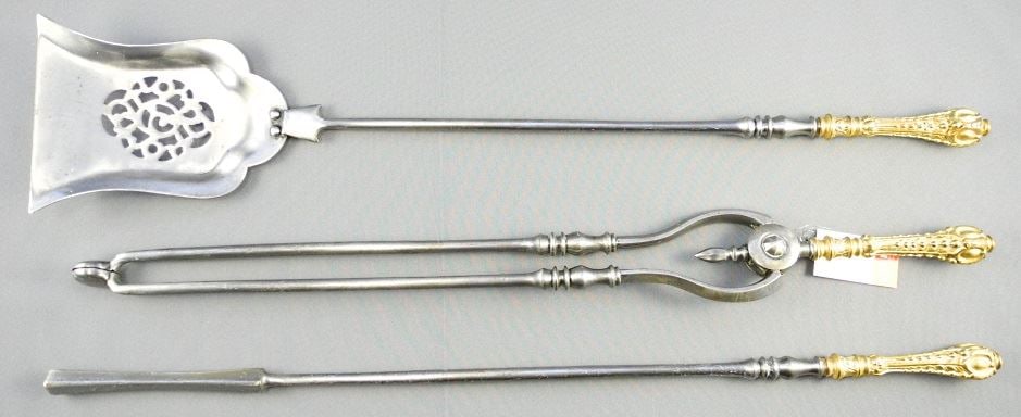 Set of Georgian Steel Fire Irons with Gilt Brass Molded Handles.: Set of Georgian Steel Fire Irons with Gilt Brass Molded Handles.