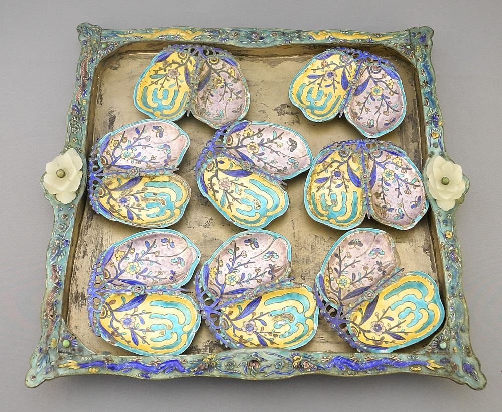 Jade Mounted & Enamel Tray 12 1/8" x 13 1/8" with 8 Small Sectional Dishes 3 3/4". (1 of 12)