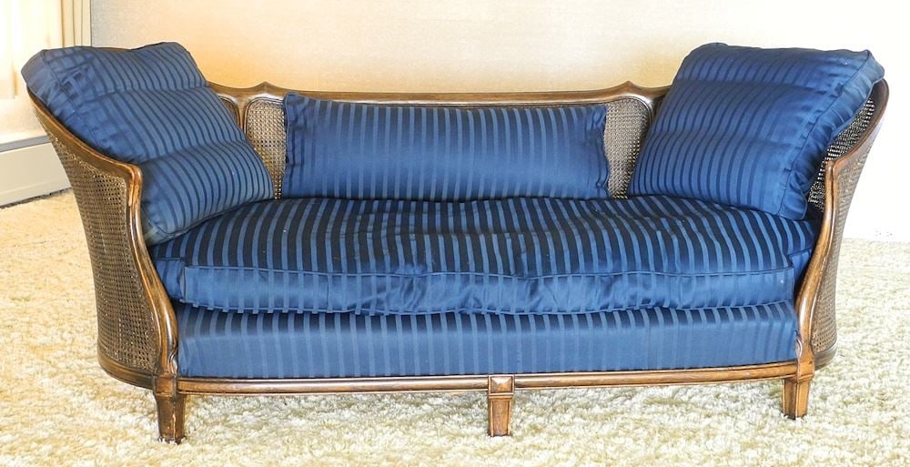 Cane Back Curved Mahogany Upholstered Settee, (1 of 8)